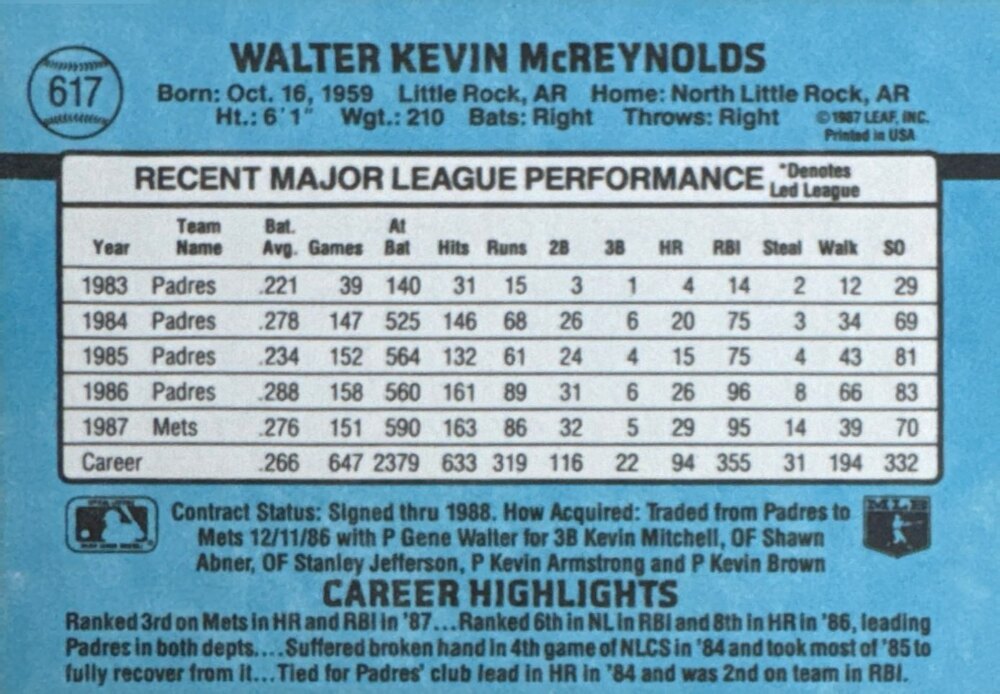 1988 Donruss Kevin McReynolds Baseball Card #617