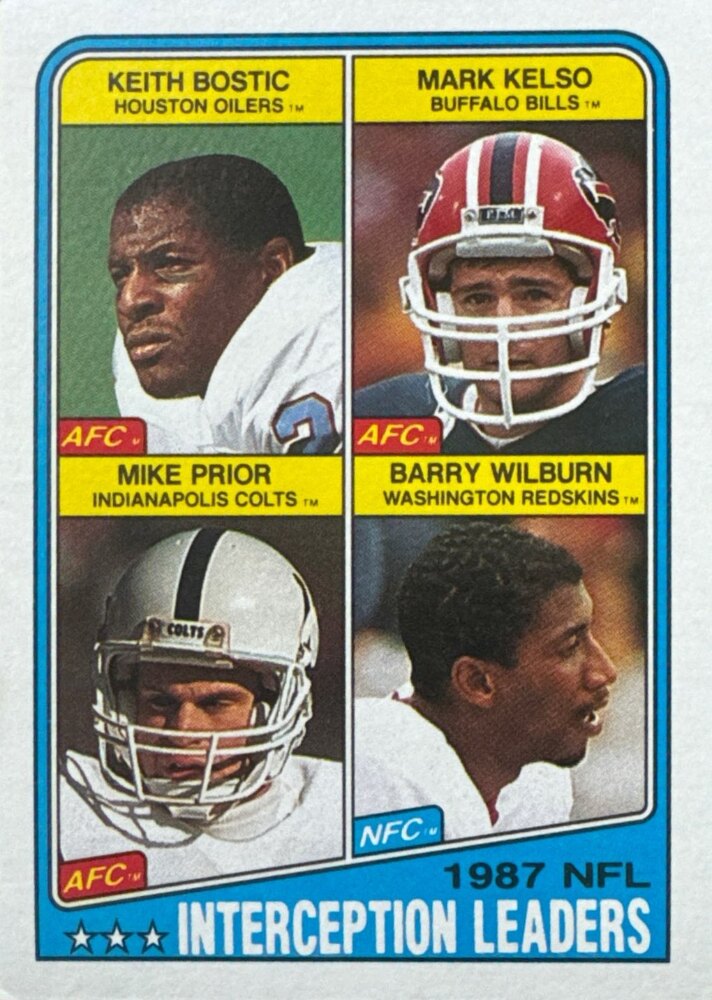 1988 Topps NFL Interception Leaders Keith Bostic, Mark Kelso, Mike Prior, Barry Wilburn Football Card #219