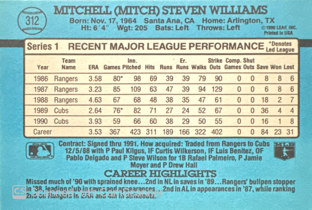 1991 Donruss Mitchell (Mitch) Steven Williams Baseball Card #312