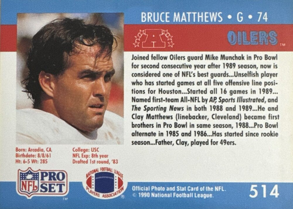 1990 NFL Pro Set Bruce Matthews Football Card #514