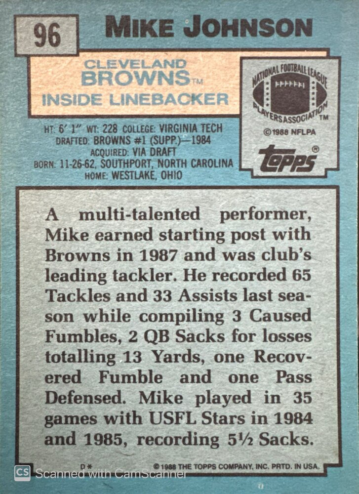 1988 Topps Mike Johnson Football Card #96