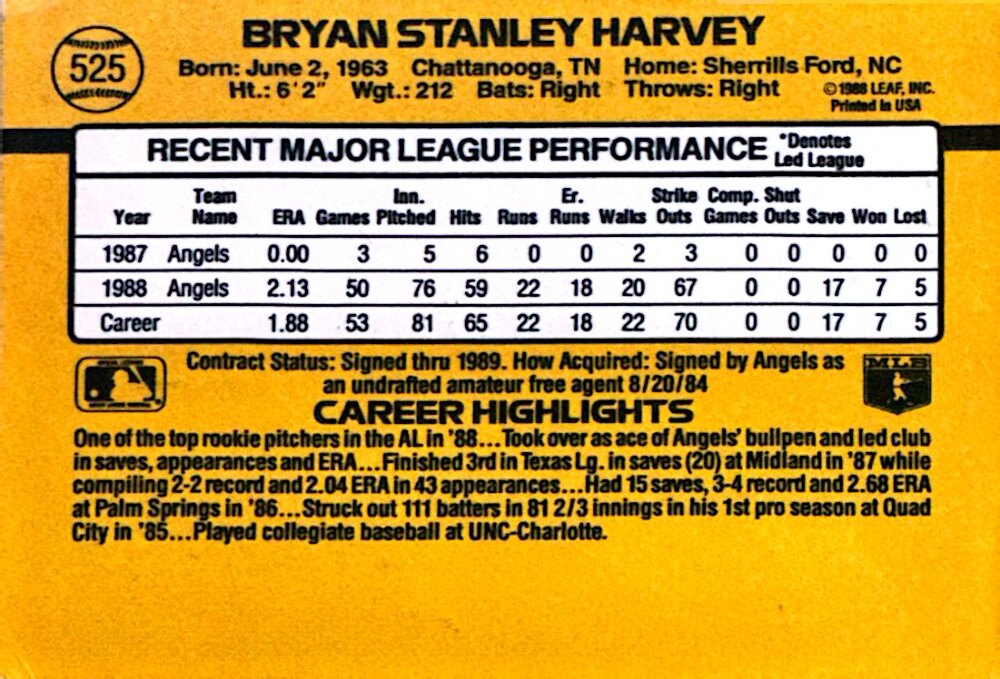 1989 Donruss Bryan Stanley Harvey Baseball Card #525