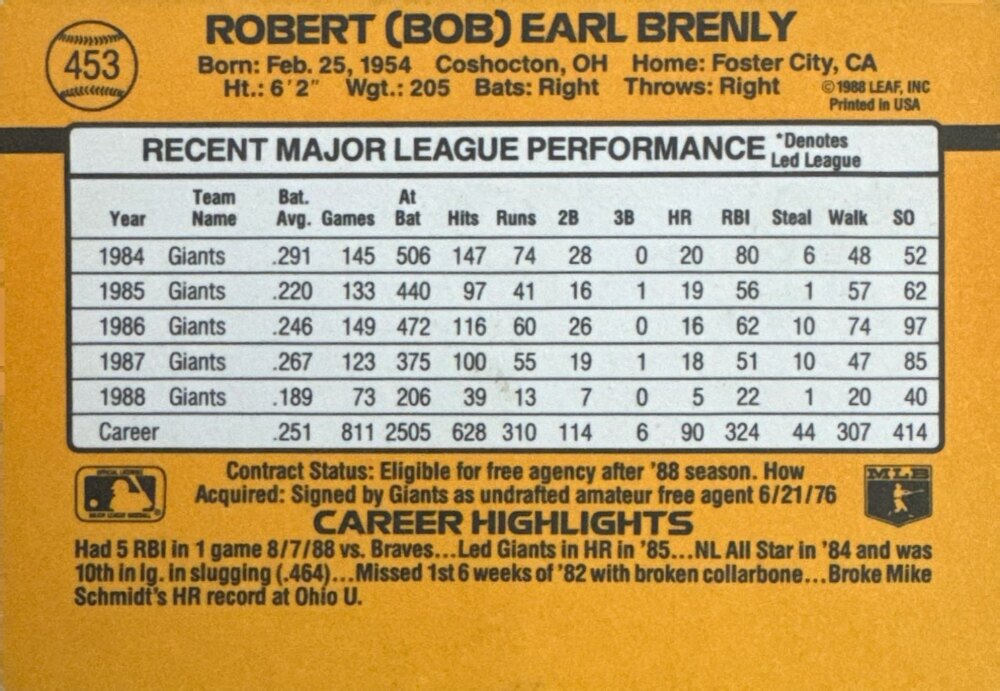 1989 Donruss Robert (Bob) Earl Brenly Baseball Card #453