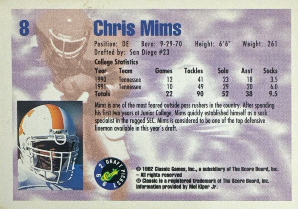 1992 Classic Draft Picks Chris Mims Football Card #8