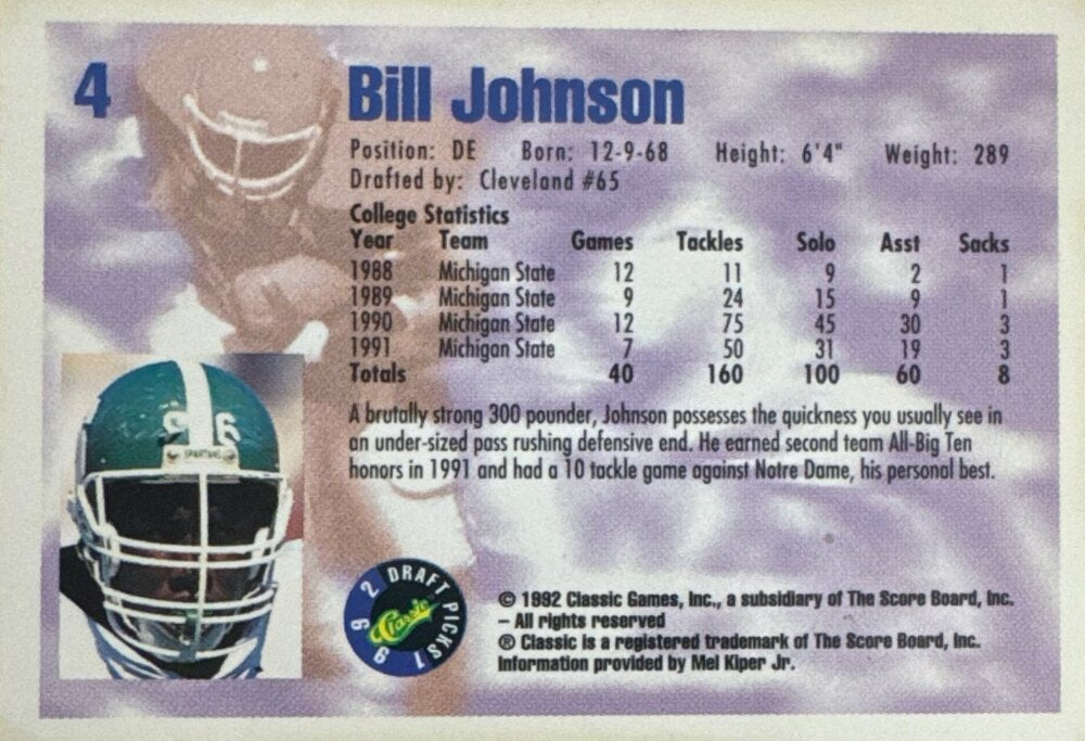 1992 Classic Draft Picks Bill Johnson Football Card #4