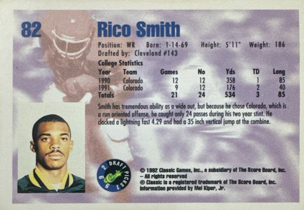 1992 Classic Draft Picks Rico Smith Football Card #82