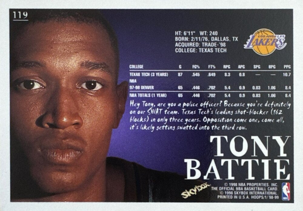 1998 Skybox Tony Battie Basketball Card #119