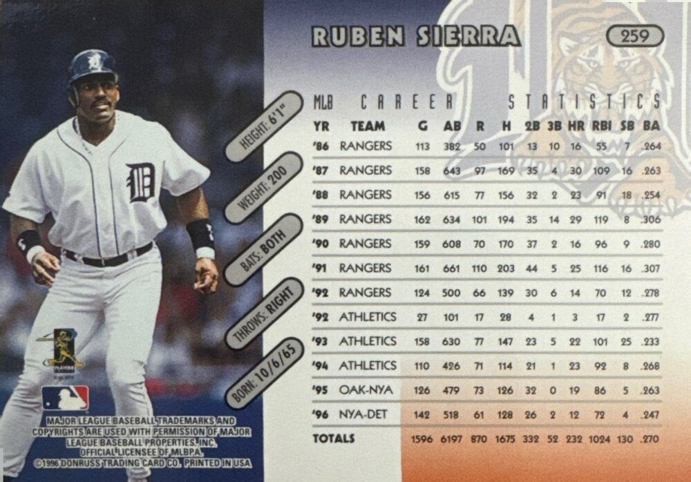 1996 Donruss Rueben Sierra Baseball Card #259