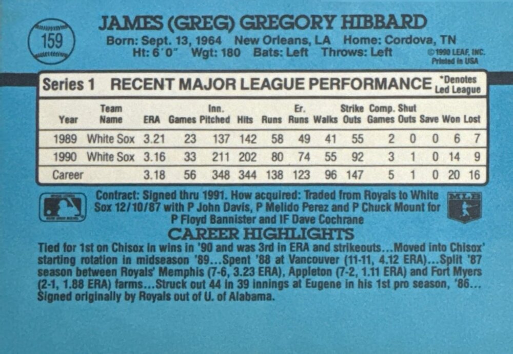 1991 Donruss James (Greg) Gregory Hibbard Baseball Card #159