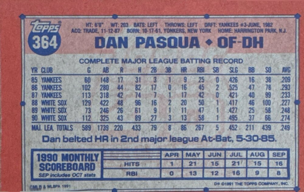 1991 Topps Dan Pasqua Baseball Card #364