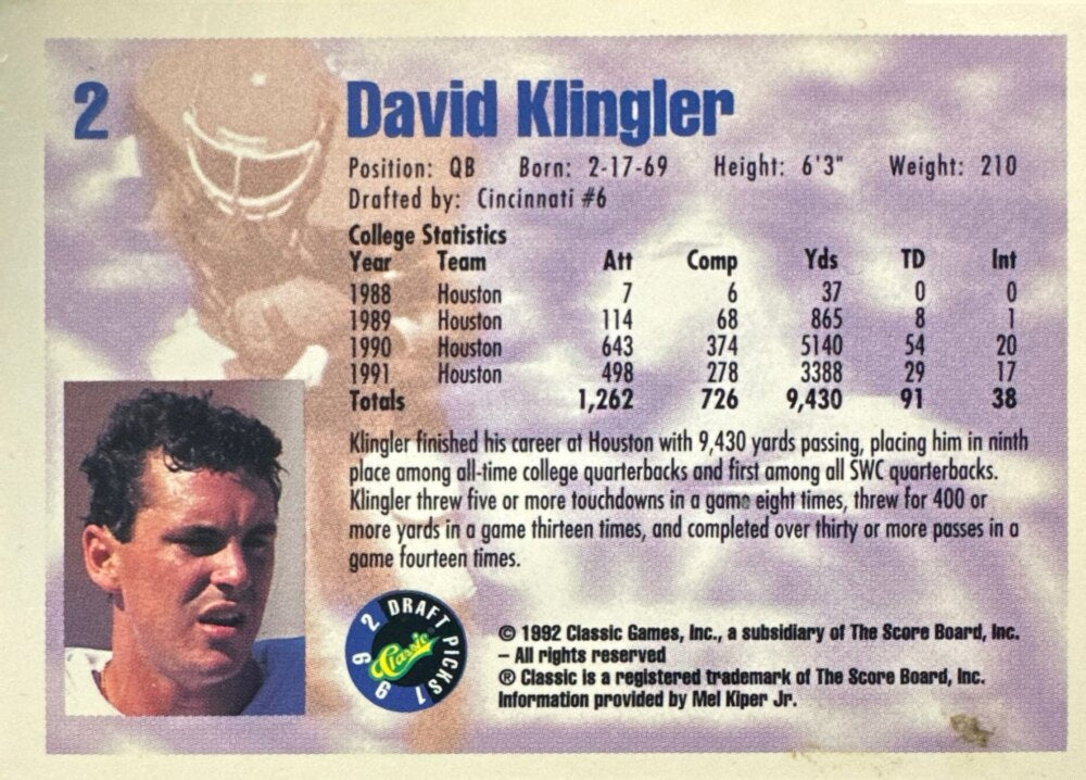 1992 Classic Draft Picks David Klingler Football Card #2