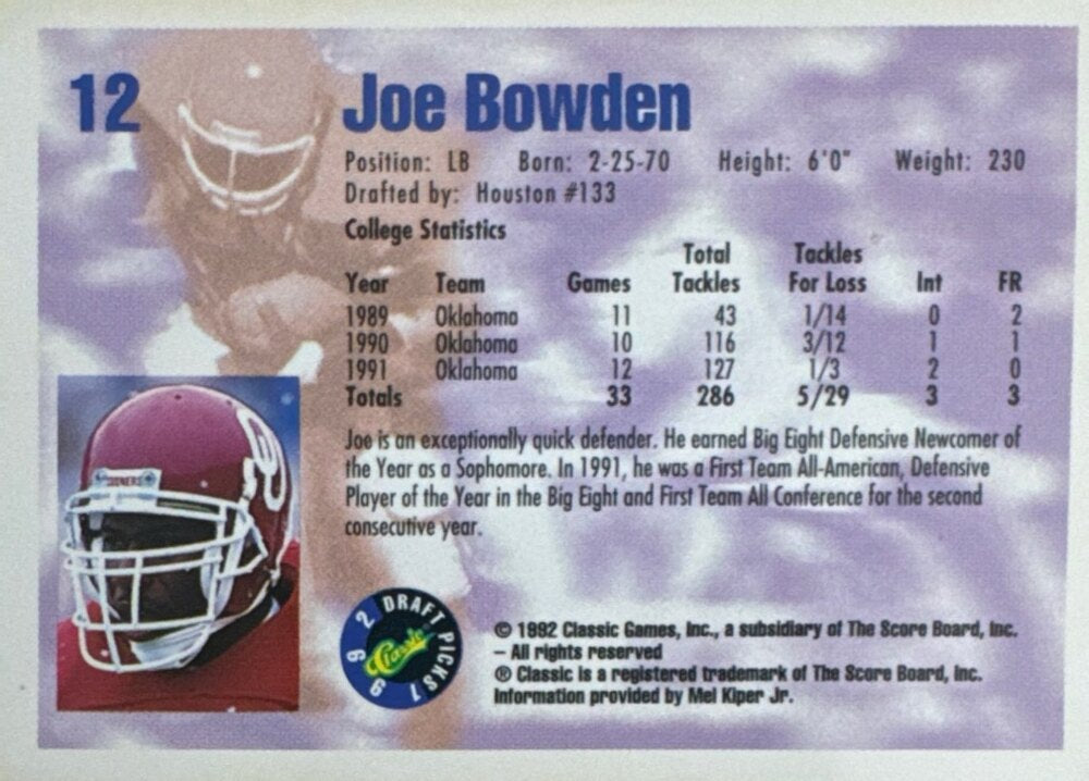 1992 Classic Draft Picks Joe Bowden Football Card #12