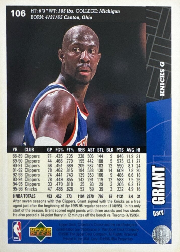 1996 Upper Deck Collectors Choice Gary Grant Basketball Card #106