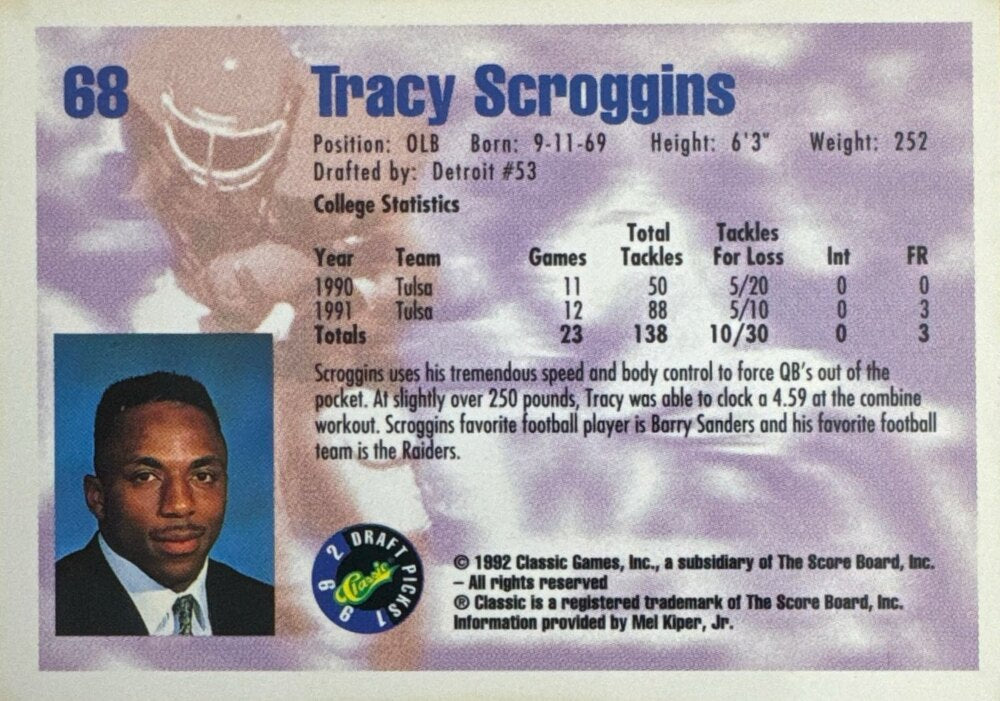 1992 Classic Draft Picks Tracy Scroggins Football Card #68