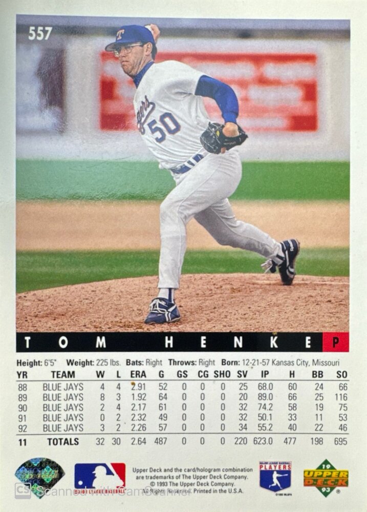 1993 Upper Deck Tom Henke Baseball Card #557