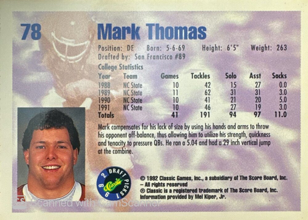 1992 Classic Draft Picks Mark Thomas Football Card #78