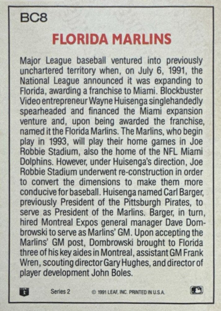 1991 Leaf Florida Marlins Series 2 Baseball Card #BC8