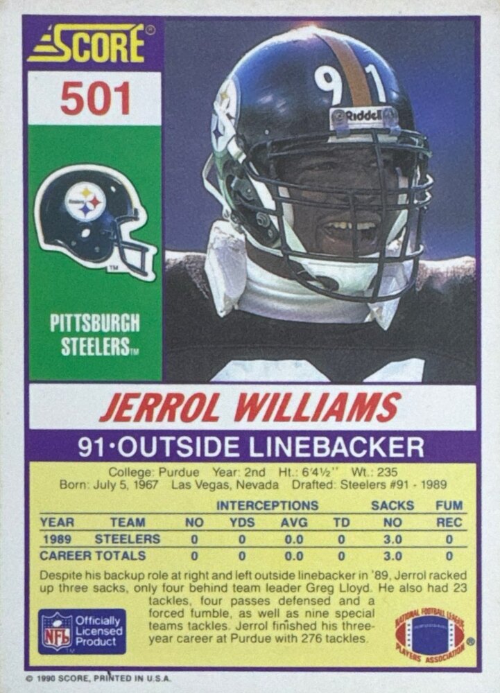 1990 Score Jerrol Williams Football Card #501