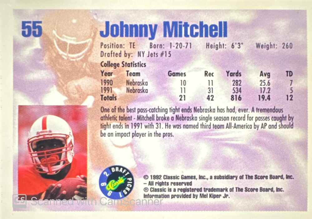 1992 Classic Draft Picks Johnny Mitchell Football Card #55