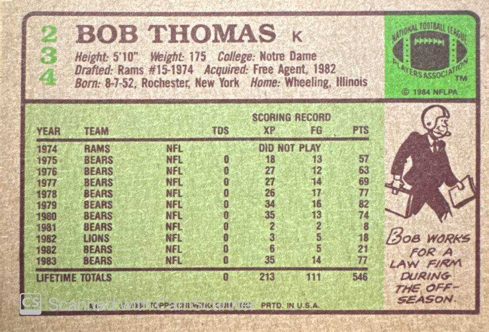 1984 Topps Bob Thomas Football Card #234