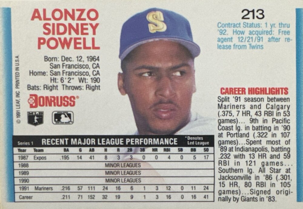 1992 Donruss Alonzo Sidney Powell Baseball Card #213