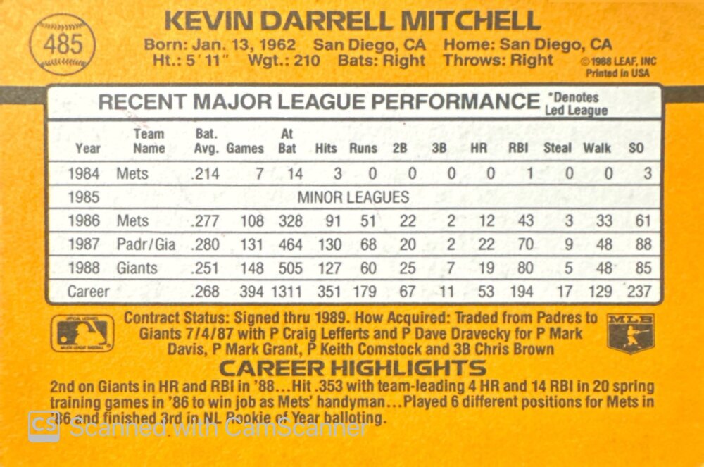 1989 Donruss Kevin Darrel Mitchell Baseball Card #485