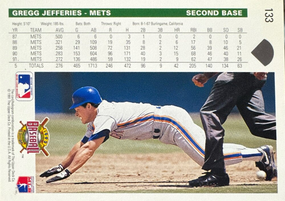 1991 Upper Deck Gregg Jefferies Baseball Card #133