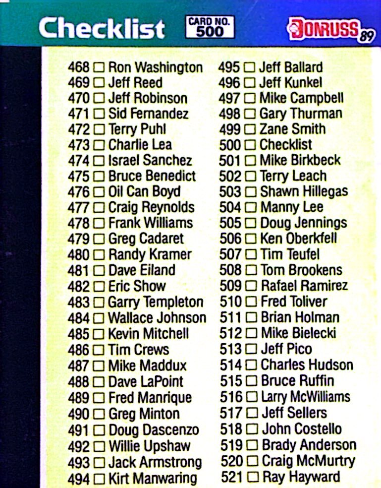 1989 Donruss Checklist 468-577 Baseball Card #500