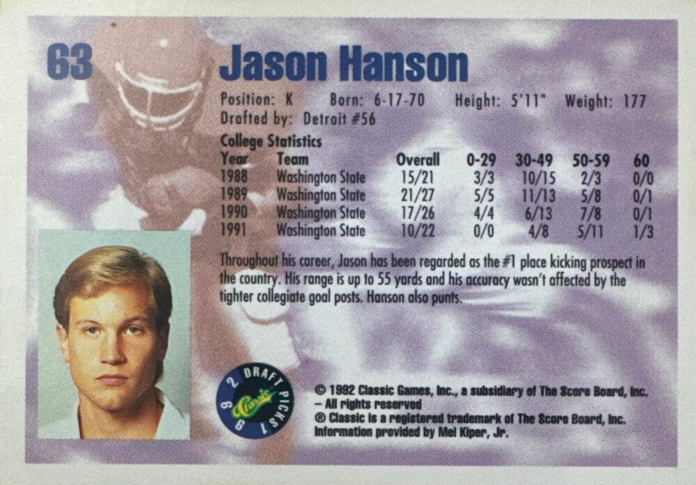 1992 Classic Draft Picks Jason Hanson Football Card #63