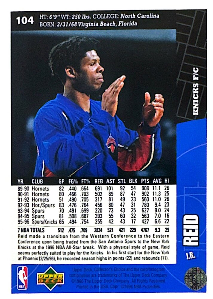 1996 Upper Deck Collectors Choice J.R. Reid Basketball Card #104