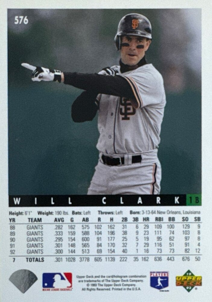 1993 Upper Deck Will Clark Baseball Card #576