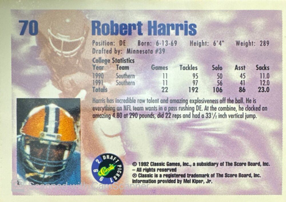 1992 Classic Draft Picks Robert Harris Football Card #70