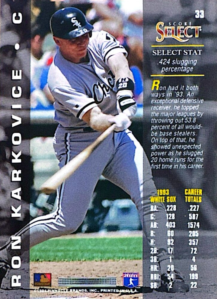 1994 Score Select Ron Karkovice Baseball Card #33