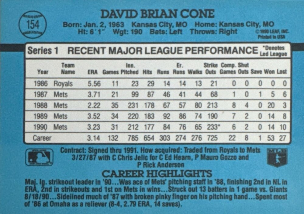 1991 Donruss David Brian Cone Baseball Card #154