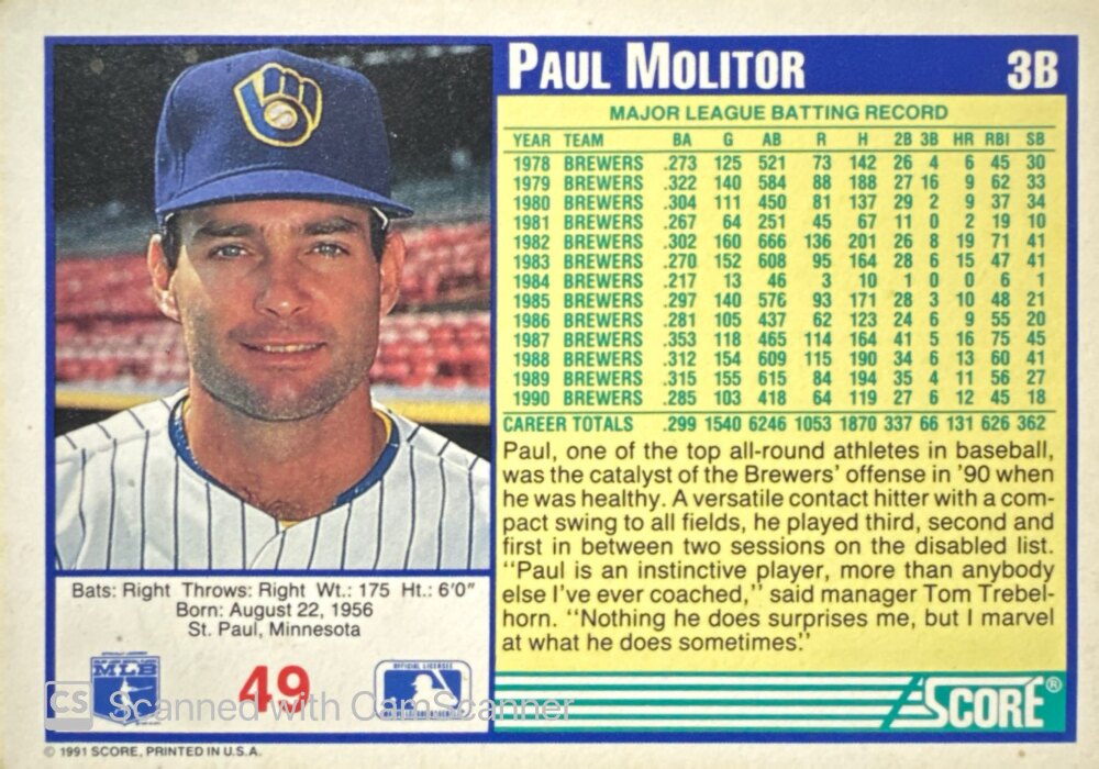 1991 Score Paul Molitor Baseball Card #49