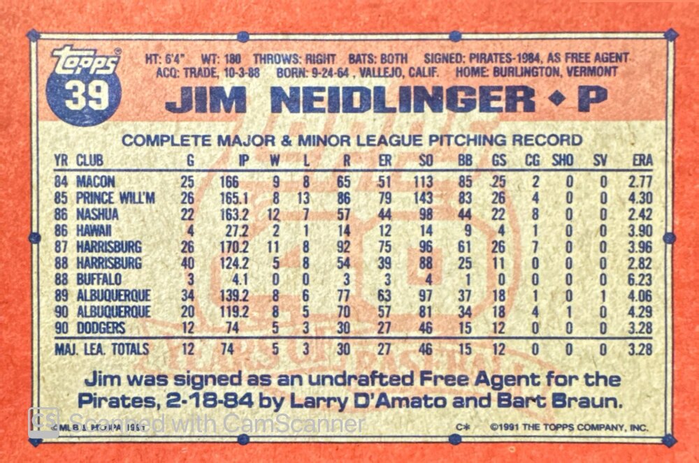 1991 Topps Jim Neidlinger Baseball Card #39