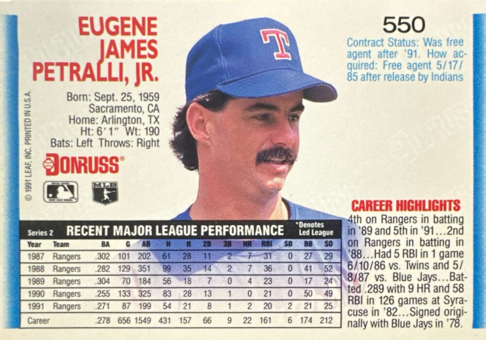 1992 Donruss Eugene James Petralli Jr. Baseball Card #550