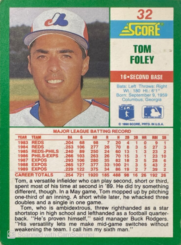 1990 Score Tom Foley Baseball Card #32