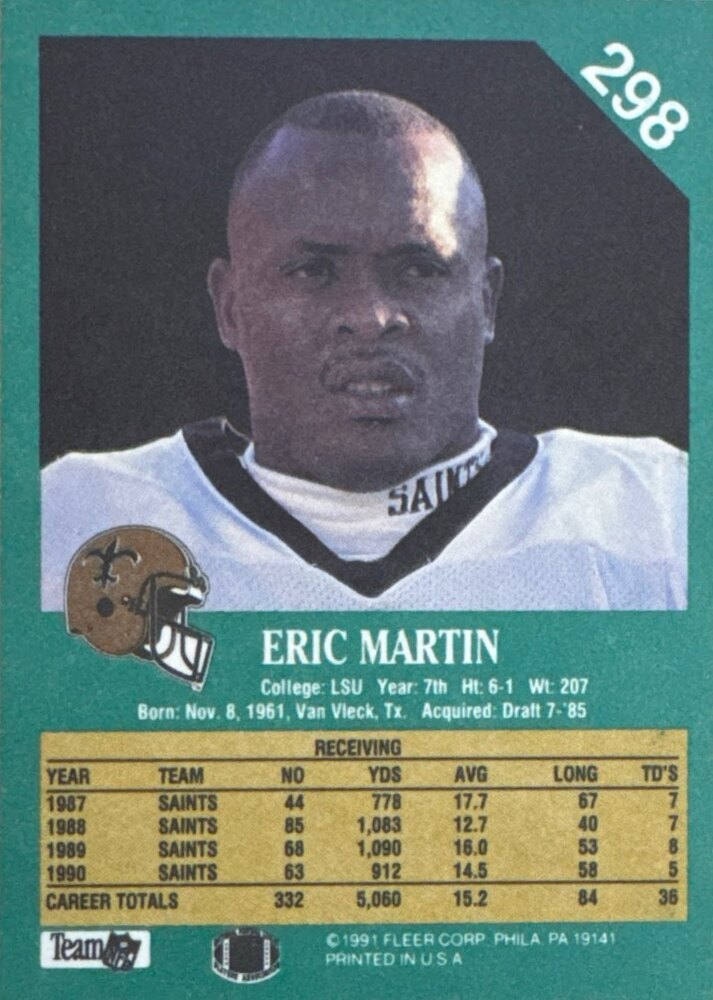 1991 Fleer Eric Martin Football Card #298