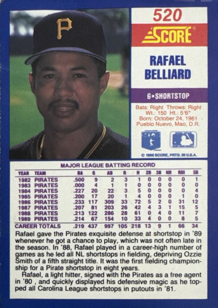 1990 Score Rafael Belliard Baseball Card #520