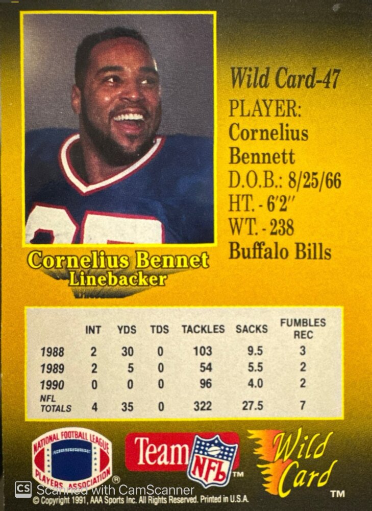 1991 AAA Sports Cornellius Bennet Football Card #47