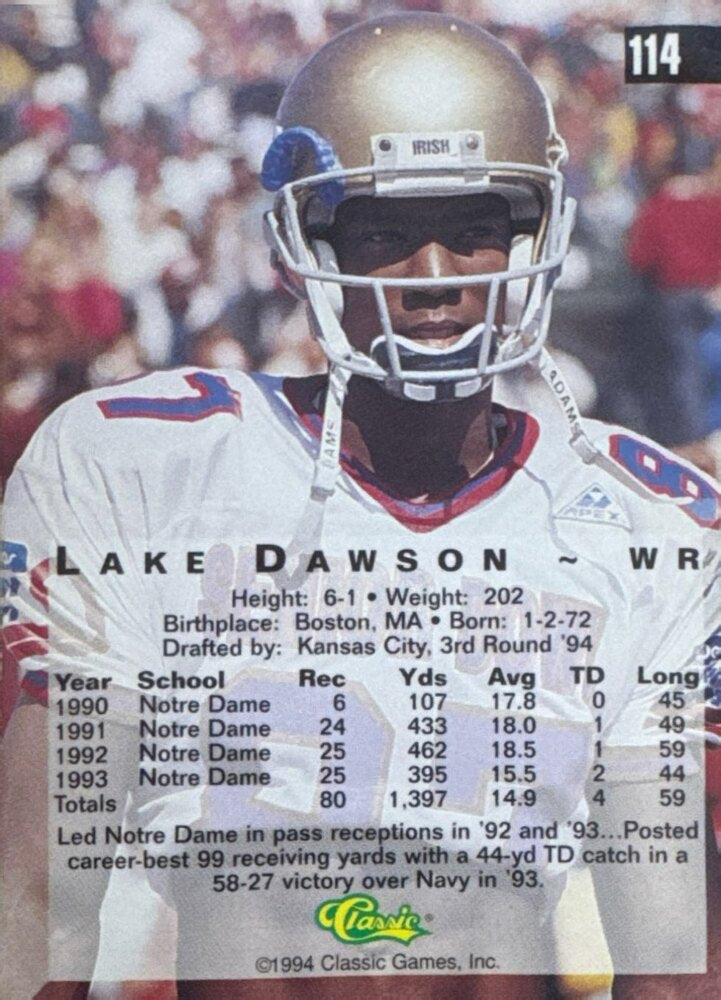 1994 Classic Lake Dawson Football Card #114