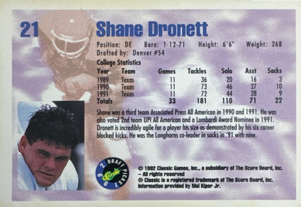 1992 Classic Draft Picks Shane Dronett Football Card #21