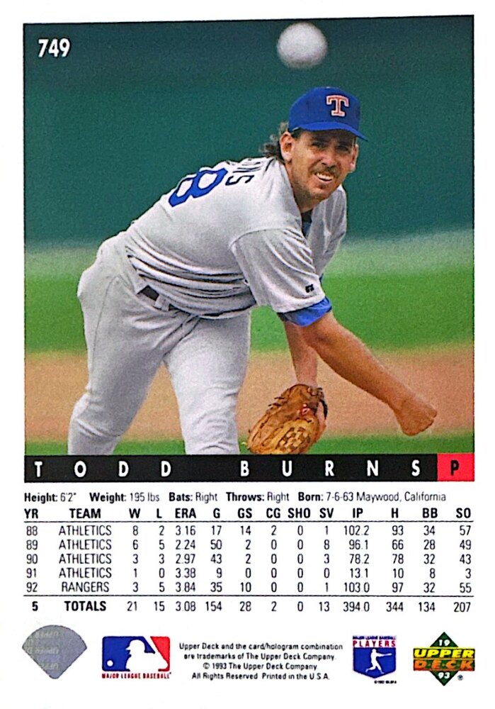 1993 Upper Deck Todd Burns Baseball Card #749