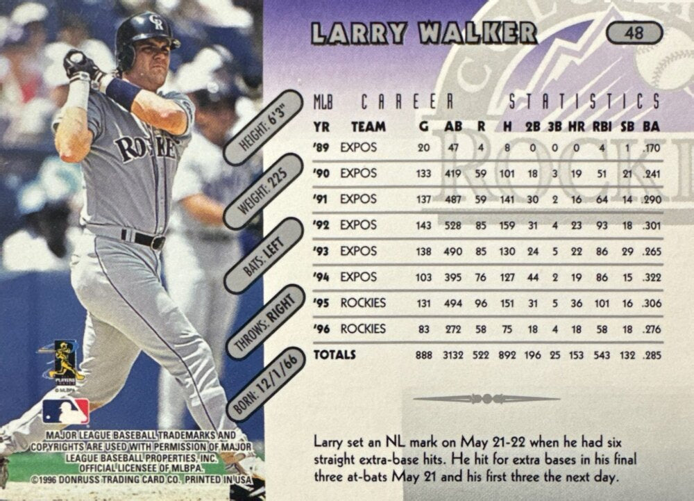 1996 Donruss Larry Walker Baseball Card #48