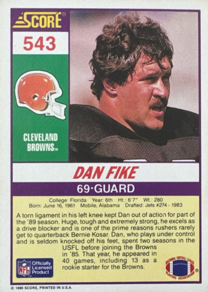 1990 Score Dan Fike Football Card #543