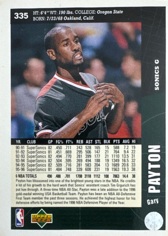 1996 Upper Deck Collectors Choice Gary Payton Basketball Card #335