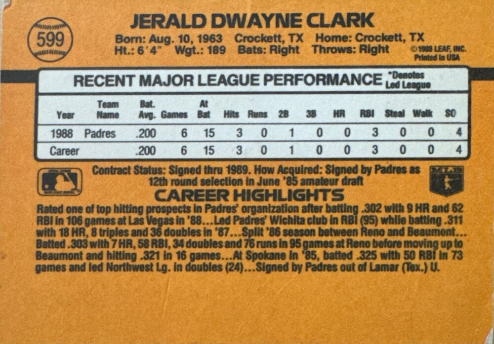 1989 Donruss Jerald Dwayne Clark Baseball Card #599