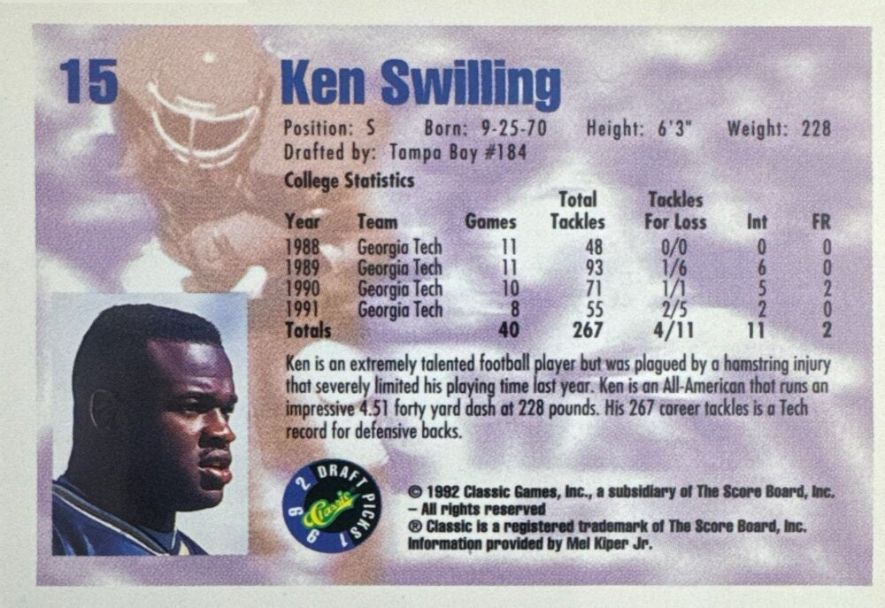 1992 Classic Draft Picks Ken Swilling Football Card #15