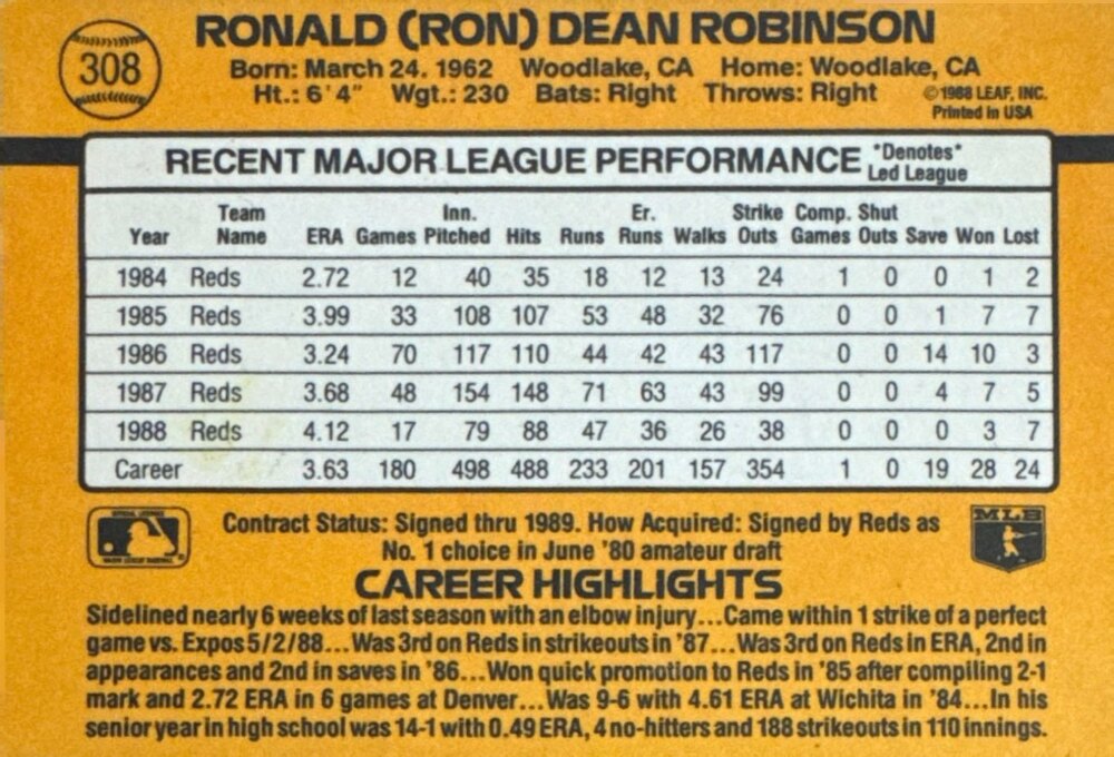 1989 Donruss Ronald (Ron) Dean Robinson Baseball Card #308